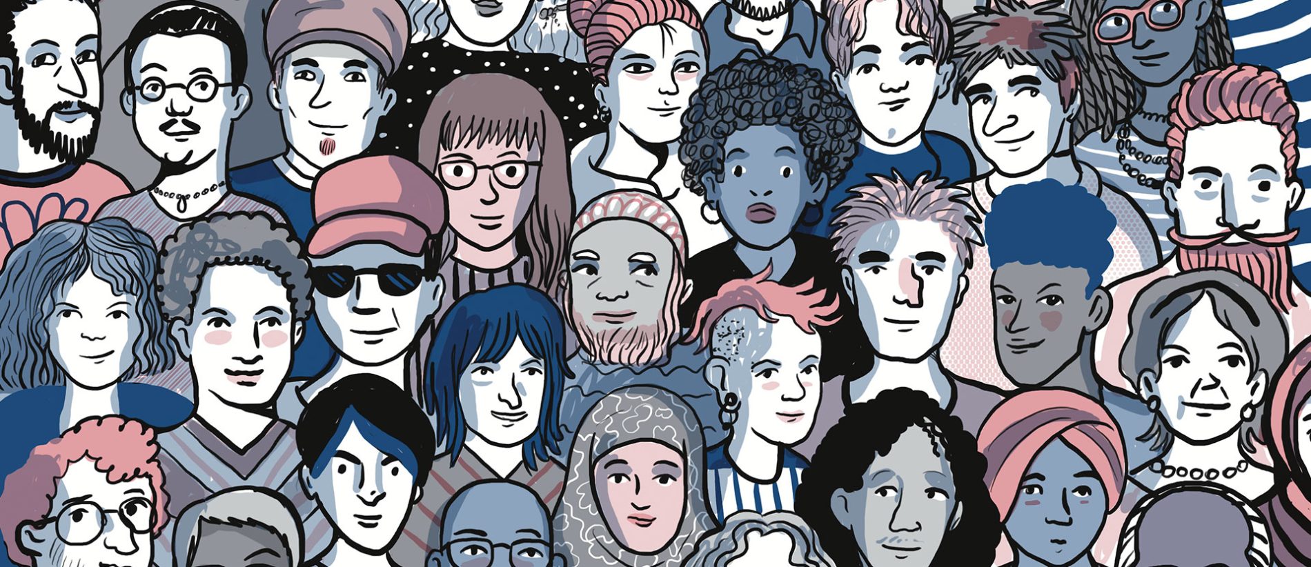 Copertina illustrata da Cristina Portolano delle Linee Guida di Hera "Parole che uniscono": sono rappresentate tante persone diverse per genere, età e colore della pelle