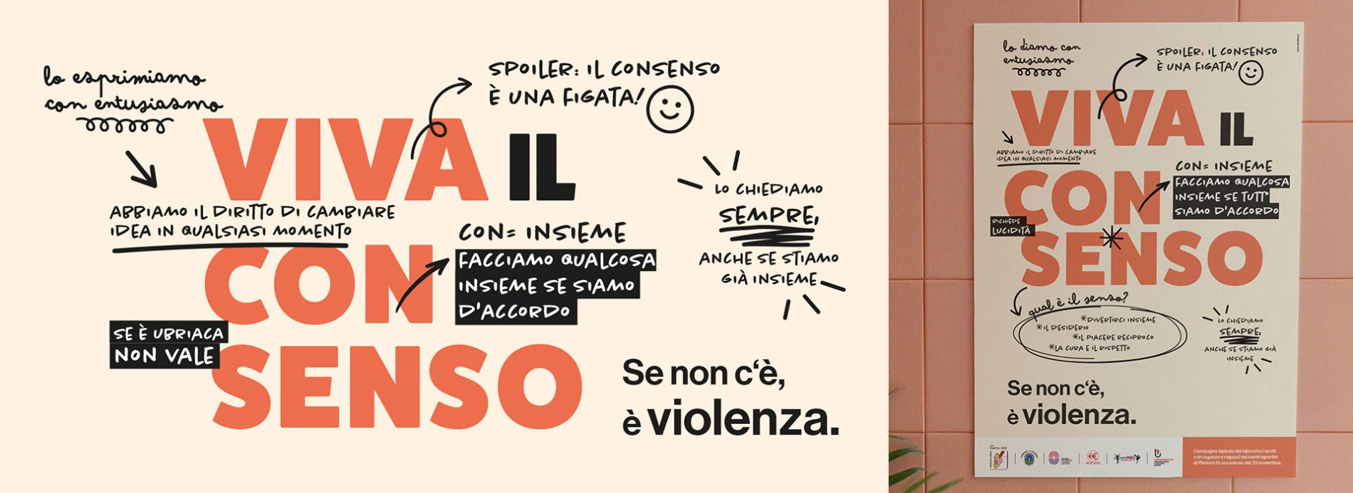 Wanita - Youlab anteprima del poster sul consenso con elementi grafici in bozza, come scritte, frecce, sottolineature. L'headline principale dice "Viva il consenso"