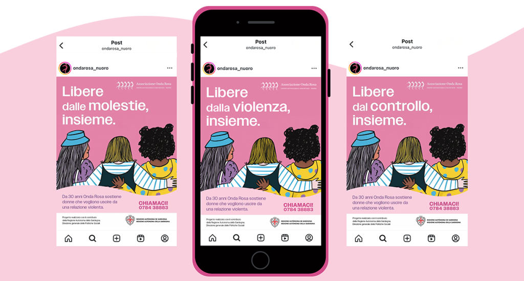 Simulazione di uno schermo di cellulare con la campagna e l'illustrazione di Chiaralascura che ritrae tre persone socializzate donne di spalle e abbracciate, con la pelle di colore diverso